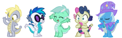 Size: 3162x1000 | Tagged: safe, artist:itsaaudraw, bon bon, derpy hooves, dj pon-3, lyra heartstrings, sweetie drops, trixie, vinyl scratch, dragon, baby, baby dragon, cape, clothes, dragoness, dragonified, female, get, hat, index get, repdigit milestone, simple background, species swap, transparent background, trixie's cape, trixie's hat, trixiedragon