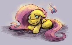 Size: 800x498 | Tagged: dead source, safe, artist:asieybarbie, fluttershy, butterfly, pegasus, pony, g4, female, floppy ears, mare, photoshop, prone, smiling, solo