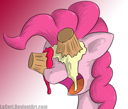 Size: 946x805 | Tagged: safe, artist:loceri, pinkie pie, earth pony, pony, g4, blind, bust, cupcake, female, gradient background, mare, open mouth, photoshop, pinkie promise, portrait, screaming, solo