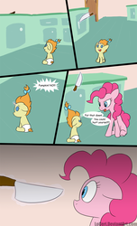 Size: 800x1315 | Tagged: safe, artist:loceri, pinkie pie, pumpkin cake, earth pony, pony, unicorn, g4, baby, baby pony, comic, dialogue, female, knife, mare, photoshop, slice of life, this will end in death, threatening