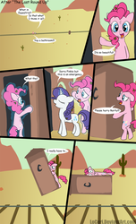 Size: 800x1315 | Tagged: safe, artist:loceri, pinkie pie, rarity, earth pony, pony, unicorn, g4, the last roundup, cactus, comic, desert, desperation, dialogue, dirty, female, floppy ears, frown, levitation, magic, mare, messy mane, mountain, need to pee, omorashi, open mouth, outhouse, photoshop, potty emergency, potty time, rock, slice of life, smiling, telekinesis, this will end in death, this will end in tears, this will end in tears and/or death, toilet humor, wide eyes