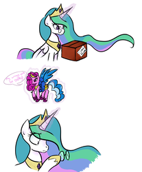 Size: 1392x1680 | Tagged: safe, artist:jessy, princess celestia, alicorn, pony, g4, 2012, 3 panel comic, blue wings, colored wings, comic, female, glasses, mare, my wings are so pretty, pinklestia, present, simple background, toy, white background, wings