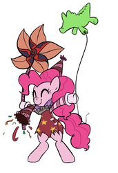Size: 952x1388 | Tagged: safe, artist:jessy, gummy, pinkie pie, earth pony, pony, g4, balloon, bipedal, clothes, costume, eyes closed, female, fiddlesticks (league of legends), happy, league of legends, mare, party, party horn, simple background
