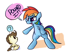 Size: 1060x812 | Tagged: safe, artist:jessy, artist:rustydooks, pound cake, rainbow dash, pegasus, pony, g4, baby, baby pony, bipedal, cute, dialogue, duo, female, mare, name pun, pictogram, pun, question mark, simple background, speech bubble