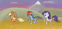 Size: 2372x1120 | Tagged: safe, artist:jessy, applejack, rainbow dash, rarity, earth pony, pegasus, pony, unicorn, fanfic:it's a dangerous business going out your door, g4, fanfic art, female, field, grass, mare, mountain, trio, walking, wallpaper