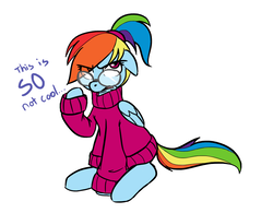 Size: 932x728 | Tagged: safe, artist:jessy, rainbow dash, pegasus, pony, g4, alternate hairstyle, clothes, cute, cute ponies in sweaters, dressup, female, floppy ears, frown, glasses, looking at you, makeover, mare, meganekko, not cool, ponytail, rainbow dash always dresses in style, rainbow dork, simple background, sitting, solo, sweater, unamused, white background