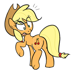 Size: 796x792 | Tagged: safe, artist:jessy, applejack, earth pony, pony, g4, apple, applebutt, butt, cherry, cutie mark, female, looking back, mare, plot, raised hoof, simple background, solo, surprised, wrong cutie mark