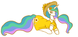 Size: 1234x580 | Tagged: safe, artist:jessy, princess celestia, alicorn, pony, clothes, dress, female, flower, flower in hair, hat, mare, prone, simple background, solo, sun hat, sundress, sunflower, white background