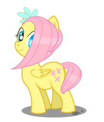 Size: 600x699 | Tagged: dead source, safe, artist:ellis1342, fluttershy, pegasus, pony, g4, alternate hairstyle, female, filly, flower in hair, foal, looking back, simple background, solo, transparent background