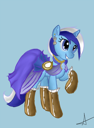 Size: 679x927 | Tagged: safe, artist:arnachy, minuette, pony, unicorn, g4, clothes, dress, ear piercing, female, gala dress, mare, piercing, raised hoof, simple background, smiling, solo