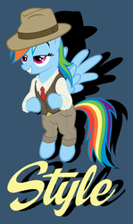 Size: 2700x4534 | Tagged: safe, artist:moongazeponies, artist:tygerbug, rainbow dash, pegasus, pony, g4, 1920s, 1930s, 1940s, 1950s, 20s, 30s, 40s, 50s, caption, clothes, costume, fashion, fedora, female, hat, mare, necktie, photoshop, poster, rainbow dash always dresses in style, solo, style, stylin', suit, vector, vest