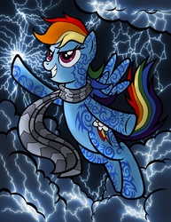 Size: 2550x3309 | Tagged: safe, artist:tygerbug, rainbow dash, pegasus, pony, fanfic:it's a dangerous business going out your door, g4, clothes, fanfic art, female, flying, grin, high res, lightning, mare, photoshop, scarf, solo, tattoo