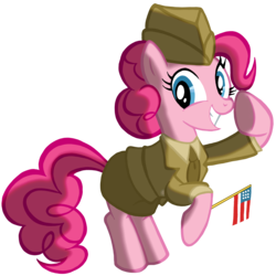Size: 8258x8258 | Tagged: safe, artist:tygerbug, pinkie pie, earth pony, pony, g4, 40s, absurd resolution, american flag, clothes, cute, female, flag, hat, mare, patriotic, photoshop, salute, simple background, skirt, smiling, solo, transparent background, uniform, united states, world war ii