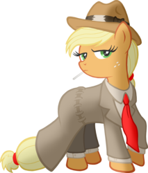 Size: 9086x10666 | Tagged: safe, artist:tygerbug, applejack, earth pony, pony, g4, absurd resolution, clothes, fedora, female, hat, mare, necktie, noir, photoshop, simple background, solo, transparent background, trenchcoat