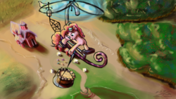 Size: 1920x1080 | Tagged: safe, artist:esuka, pinkie pie, earth pony, pony, g4, barn, cake, female, flying, flying contraption, goggles, high angle, mare, pedalcopter, photoshop, solo, sweet apple acres, vertigo, wallpaper