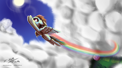 Size: 2000x1125 | Tagged: safe, artist:esuka, rainbow dash, pegasus, pony, g4, cloud, cloudy, female, flying, hot air balloon, mare, photoshop, rainbow, rainbow trail, solo, twinkling balloon, wallpaper