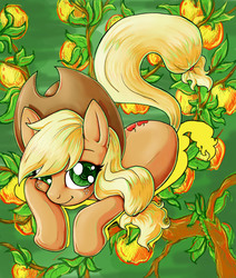 Size: 2449x2888 | Tagged: safe, artist:kcday, applejack, earth pony, pony, g4, abstract background, apple, female, food, high res, mare, photoshop, prone, smiling, solo