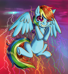 Size: 2306x2517 | Tagged: safe, artist:kcday, rainbow dash, pegasus, pony, g4, female, flying, grin, high res, lightning, mare, photoshop, solo