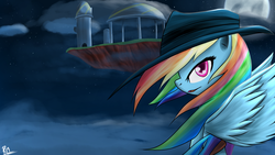 Size: 1920x1080 | Tagged: dead source, safe, artist:reikomuffin, rainbow dash, pegasus, pony, g4, cloud, cloudy, female, floating island, hat, mare, moon, night, profile, sky, solo, stars, wallpaper