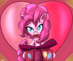 Size: 1200x1000 | Tagged: dead source, safe, artist:reikomuffin, pinkie pie, earth pony, pony, g4, abstract background, female, fourth wall, heart, looking at you, mare, offering, present, solo, valentine