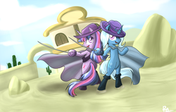 Size: 2301x1467 | Tagged: dead source, safe, artist:reikomuffin, trixie, twilight sparkle, pony, unicorn, g4, bipedal, cactus, cape, clothes, costume, desert, duo, female, hat, mare, musketeer, puss in boots, puss in boots (film), sand, shrek, sword, weapon