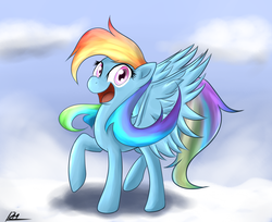 Size: 1704x1392 | Tagged: dead source, safe, artist:reikomuffin, rainbow dash, pegasus, pony, g4, cloud, female, happy, hooves, mare, on a cloud, open mouth, open smile, raised hoof, smiling, solo, spread wings, standing on a cloud, wings