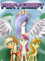 Size: 2479x3300 | Tagged: dead source, safe, artist:reikomuffin, applejack, carrot top, golden harvest, princess celestia, roseluck, alicorn, earth pony, pony, g4, applejack's hat, bow, colored pupils, cowboy hat, crossover, crown, female, hair bow, hat, high res, jewelry, mare, minecraft, necklace, ponytail, regalia, spread wings, wings