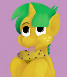 Size: 3841x4435 | Tagged: safe, artist:sb, snails, pony, unicorn, g4, colt, cute, diasnails, licking, male, muffin, simple background, solo