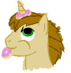 Size: 897x924 | Tagged: safe, artist:sb, donut joe, pony, unicorn, g4, bust, donut, horn, horn grab, male, mouth hold, portrait, profile, simple background, solo, stallion, the uses of unicorn horns, white background