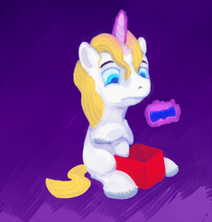 Size: 950x1000 | Tagged: safe, artist:sb, prince blueblood, pony, unicorn, g4, abstract background, bowtie, colt, disappointed, foal, magic, male, present, sad, sitting, solo