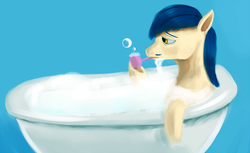 Size: 1000x613 | Tagged: safe, artist:sb, horte cuisine, savoir fare, earth pony, pony, g4, bath, bubble, bubble bath, male, simple background, soap bubble, solo, stallion, wet mane