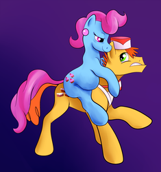 Size: 938x1000 | Tagged: safe, artist:sb, carrot cake, cup cake, earth pony, pony, g4, chubby, cup cake riding carrot cake, duo, female, gradient background, husband and wife, male, mare, ponies riding ponies, riding, ship:carrot cup, shipping, stallion, straight, the cakes