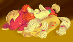 Size: 1000x571 | Tagged: safe, artist:sb, apple bloom, applejack, big macintosh, earth pony, pony, g4, apple family, apple siblings, cuddle puddle, cuddling, cute, eyes closed, family, female, filly, hair over one eye, hatless, male, mare, missing accessory, on side, prone, sleeping, smiling, stallion, trio