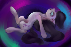 Size: 1000x664 | Tagged: safe, artist:sb, octavia melody, earth pony, pony, g4, abstract background, arched back, eyes closed, female, mare, on back, solo
