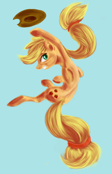 Size: 643x1000 | Tagged: safe, artist:sb, applejack, earth pony, pony, g4, action pose, female, jumping, mare, simple background, solo