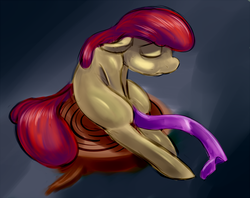 Size: 1000x790 | Tagged: safe, artist:sb, apple bloom, earth pony, pony, g4, bent over, eyes closed, female, filly, floppy ears, loose hair, sad, sitting, solo