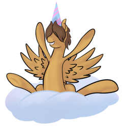 Size: 827x839 | Tagged: safe, artist:sb, hoops, pegasus, pony, g4, cloud, grin, hat, hooves, male, on a cloud, party hat, simple background, sitting on a cloud, smiling, solo, spread wings, stallion, transparent background, wings