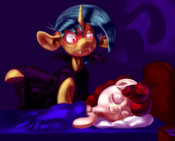 Size: 1000x803 | Tagged: safe, artist:sb, snails, twist, earth pony, pony, unicorn, vampire, g4, bed, cloak, clothes, colt, fangs, female, filly, male, sleeping