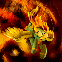 Size: 1000x990 | Tagged: safe, artist:sb, spitfire, pegasus, pony, g4, female, fire, flying, goggles, limited palette, mare, solo, wonderbolts, wonderbolts uniform