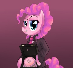 Size: 1075x1000 | Tagged: safe, artist:uc77, pinkie pie, earth pony, pony, g4, bipedal, briefcase, businessmare, cake, clothes, female, gradient background, mare, paint tool sai, solo, suit