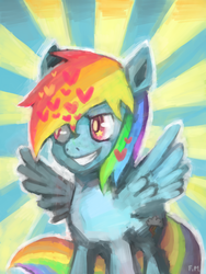 Size: 600x800 | Tagged: safe, artist:fuckinmonday, rainbow dash, pegasus, pony, g4, abstract background, female, grin, heart, mare, solo, spread wings, wings