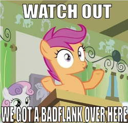 Size: 500x479 | Tagged: safe, edit, edited screencap, screencap, scootaloo, sweetie belle, pegasus, pony, unicorn, female, filly, image macro, meme, ponyville schoolhouse, reaction image, school, watch out we have a badass over here