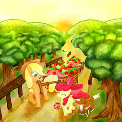 Size: 2000x2000 | Tagged: dead source, safe, artist:jesrartes, apple bloom, applejack, winona, dog, earth pony, pony, g4, apple, apple sisters, cart, female, filly, foal, food, high res, mare, mouth hold, paint tool sai, siblings, sisters, tree, trio