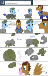 Size: 1318x2058 | Tagged: source needed, useless source url, safe, artist:guard-mod, minuette, oc, oc:gears, pegasus, pony, unicorn, series:ask the guard ponies, g4, armor, beret, clothes, comic, female, frilly underwear, invisibility, male, mare, panties, pink underwear, ribbon, stallion, tail wrap, underwear, wingboner
