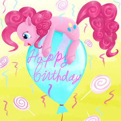 Size: 2500x2500 | Tagged: dead source, safe, artist:jesrartes, pinkie pie, earth pony, pony, g4, abstract background, balloon, birthday, candy, female, happy, happy birthday, high res, lollipop, mare, paint tool sai, party, solo, then watch her balloons lift her up to the sky