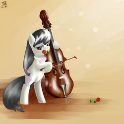 Size: 2500x2500 | Tagged: dead source, safe, artist:jesrartes, octavia melody, earth pony, pony, g4, bipedal, cello, female, flower, flower in mouth, high res, mare, mouth hold, musical instrument, paint tool sai, rose, solo