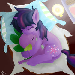 Size: 2500x2500 | Tagged: dead source, safe, artist:jesrartes, spike, twilight sparkle, dragon, pony, unicorn, g4, baby, baby dragon, bed, bed mane, butt, candle, cute, duo, eyes closed, female, filly, high res, hug, male, mama twilight, paint tool sai, pillow, plot, sleeping, spikabetes, spikelove, twiabetes, unicorn twilight