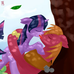 Size: 2500x2500 | Tagged: dead source, safe, artist:jesrartes, big macintosh, twilight sparkle, earth pony, pony, unicorn, g4, butt, cuddling, dappled sunlight, duo, eyes closed, female, floppy ears, french kiss, high res, hug, kissing, love, male, mare, on back, open mouth, paint tool sai, plot, shade, ship:twimac, shipping, snuggling, stallion, straight, tongue out, tree, unicorn twilight