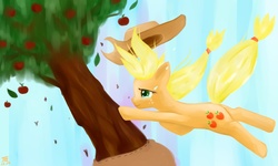 Size: 5000x3000 | Tagged: dead source, safe, artist:jesrartes, applejack, bloomberg, earth pony, pony, g4, apple tree, falling, female, mare, paint tool sai, tree