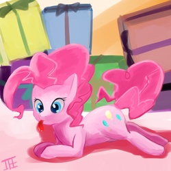 Size: 1500x1500 | Tagged: dead source, safe, artist:jesrartes, pinkie pie, earth pony, pony, g4, female, mare, paint tool sai, present, prone, solo, tongue out